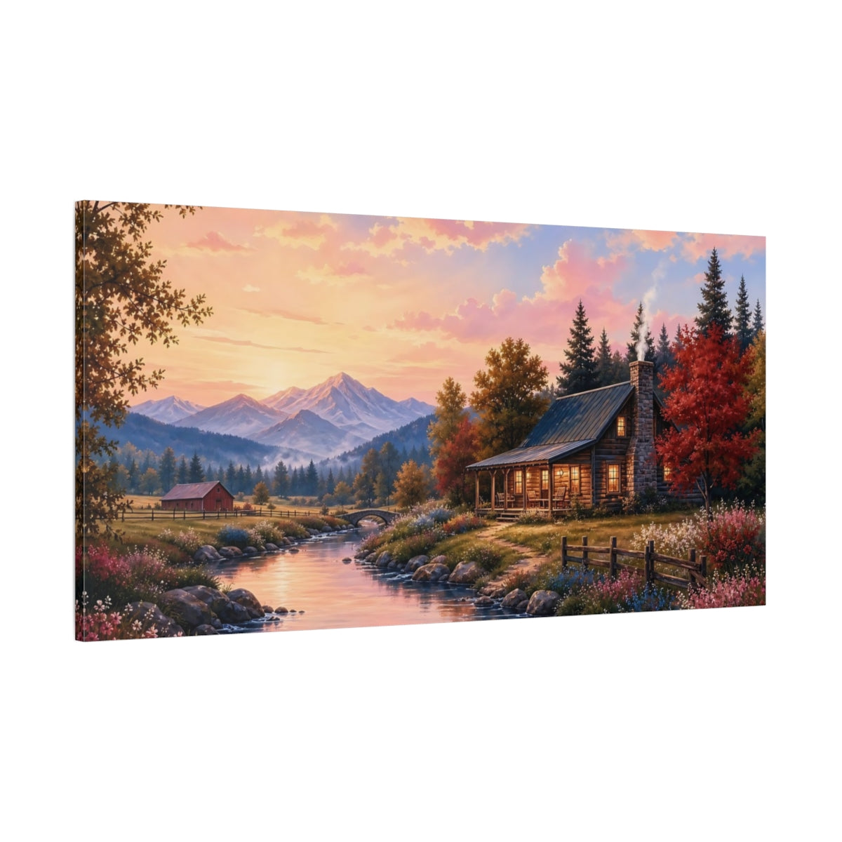 Side Mockup 2. Nature Mountain Cabin Sunset Landscape shown as stretched canvas wall art