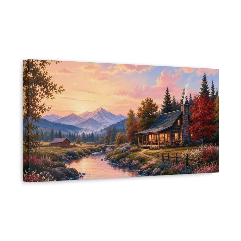 Side Mockup 3. Nature Mountain Cabin Sunset Landscape shown as stretched canvas wall art