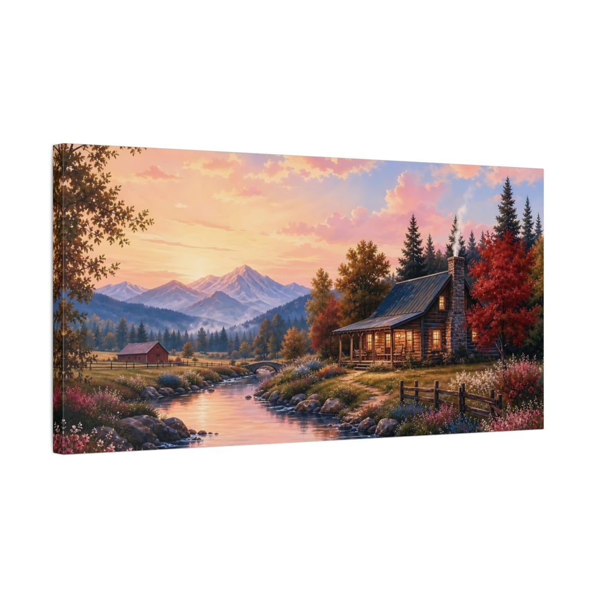 Side Mockup 1. Nature Mountain Cabin Sunset Landscape shown as stretched canvas wall art