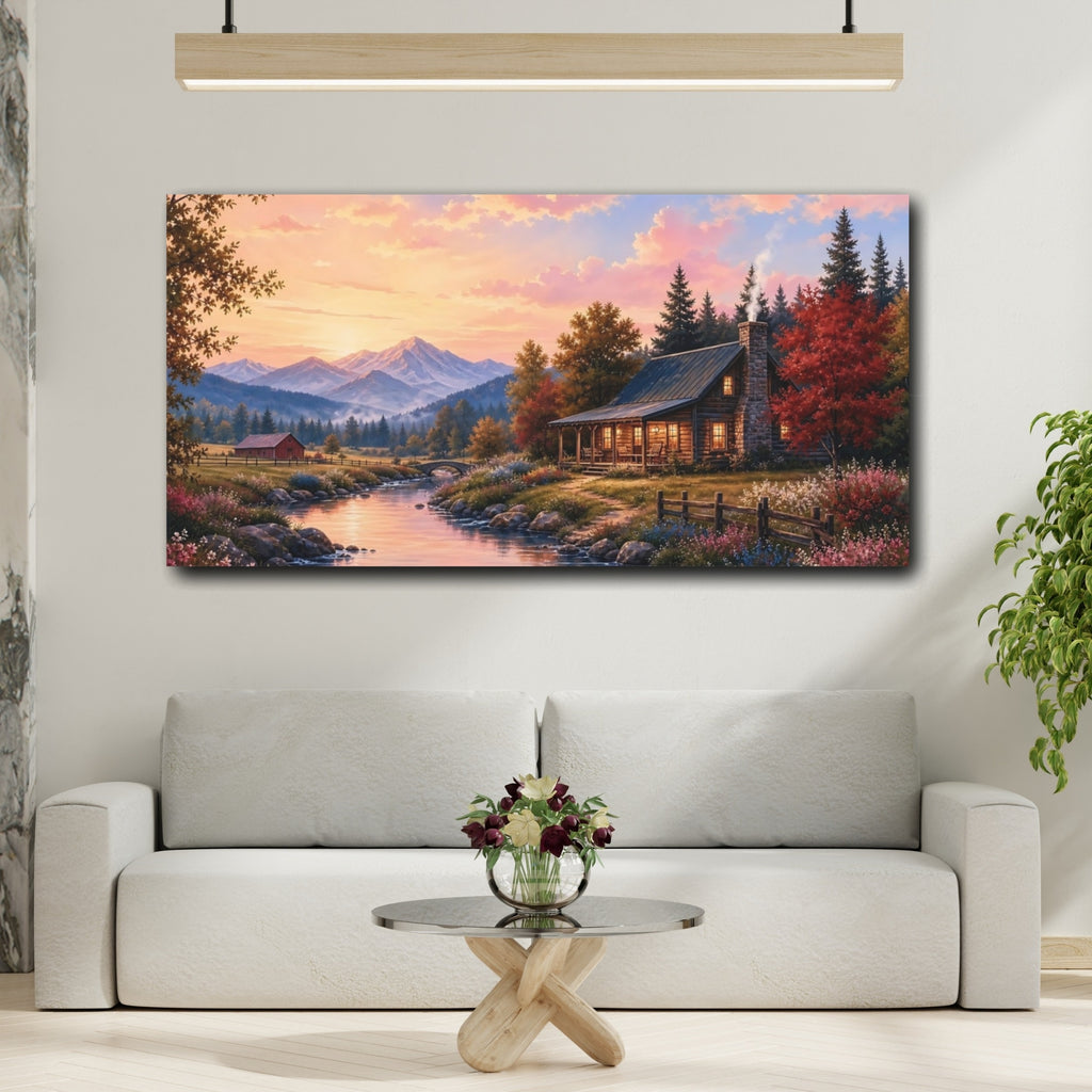 Mockup 2. Nature Mountain Cabin Sunset Landscape shown as stretched canvas wall art