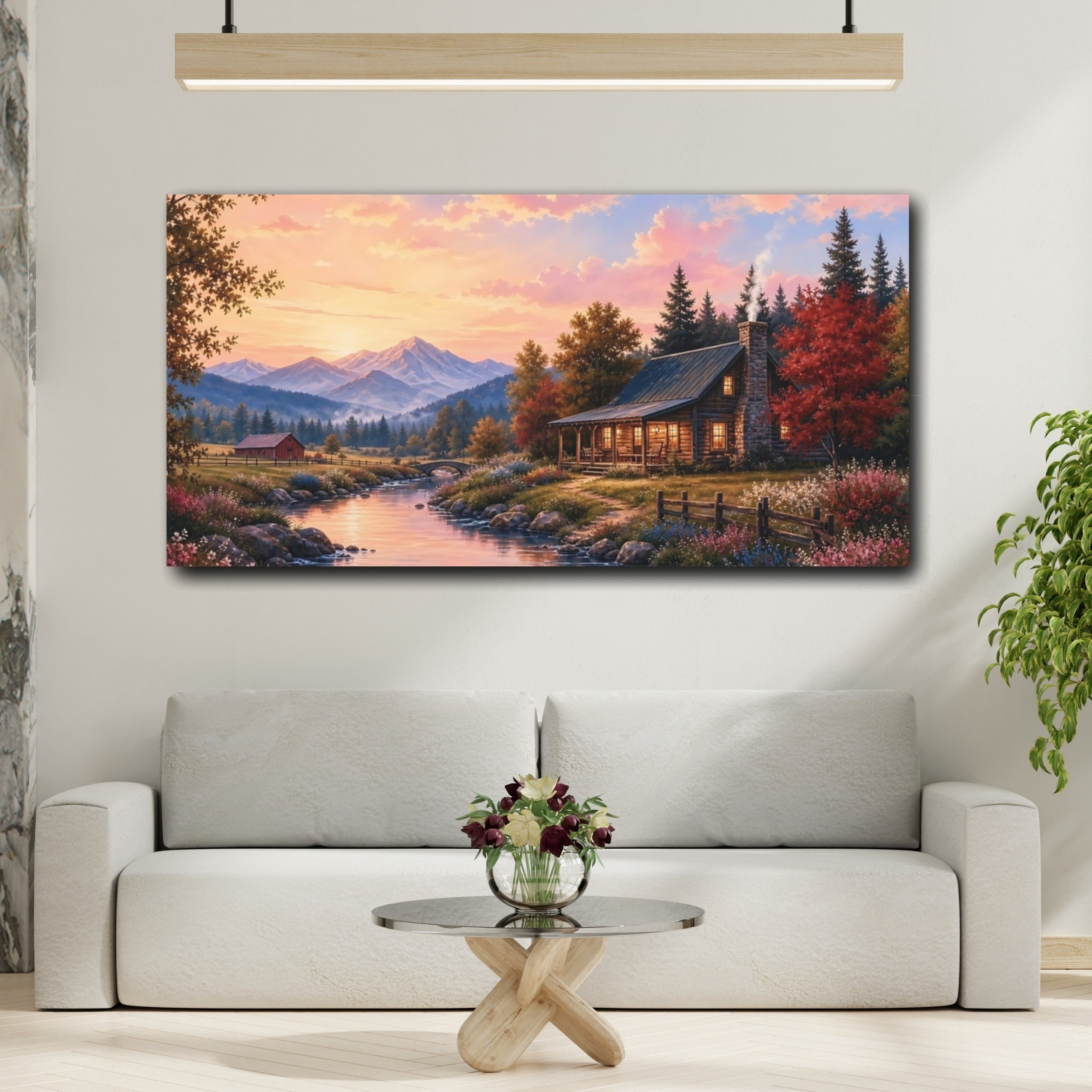 Mockup 2. Nature Mountain Cabin Sunset Landscape shown as stretched canvas wall art