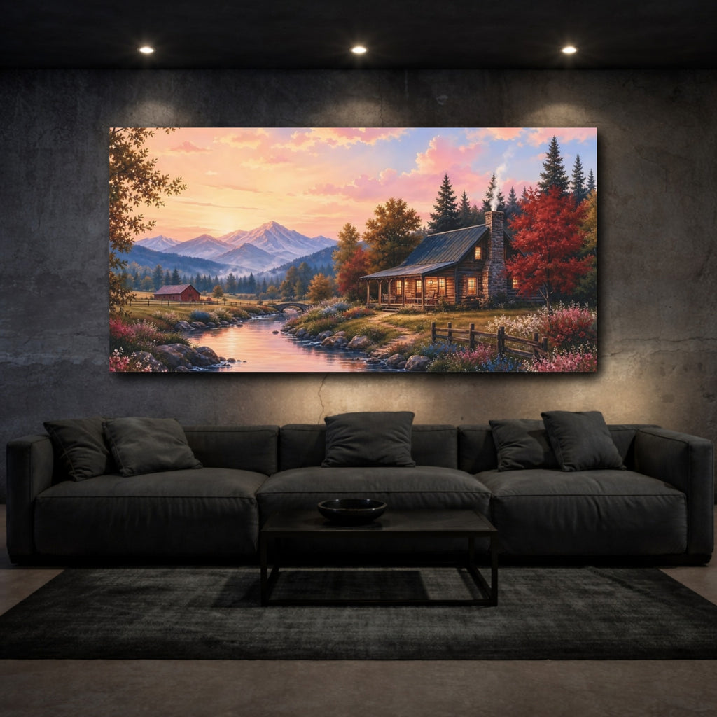 Mockup 3. Nature Mountain Cabin Sunset Landscape shown as stretched canvas wall art
