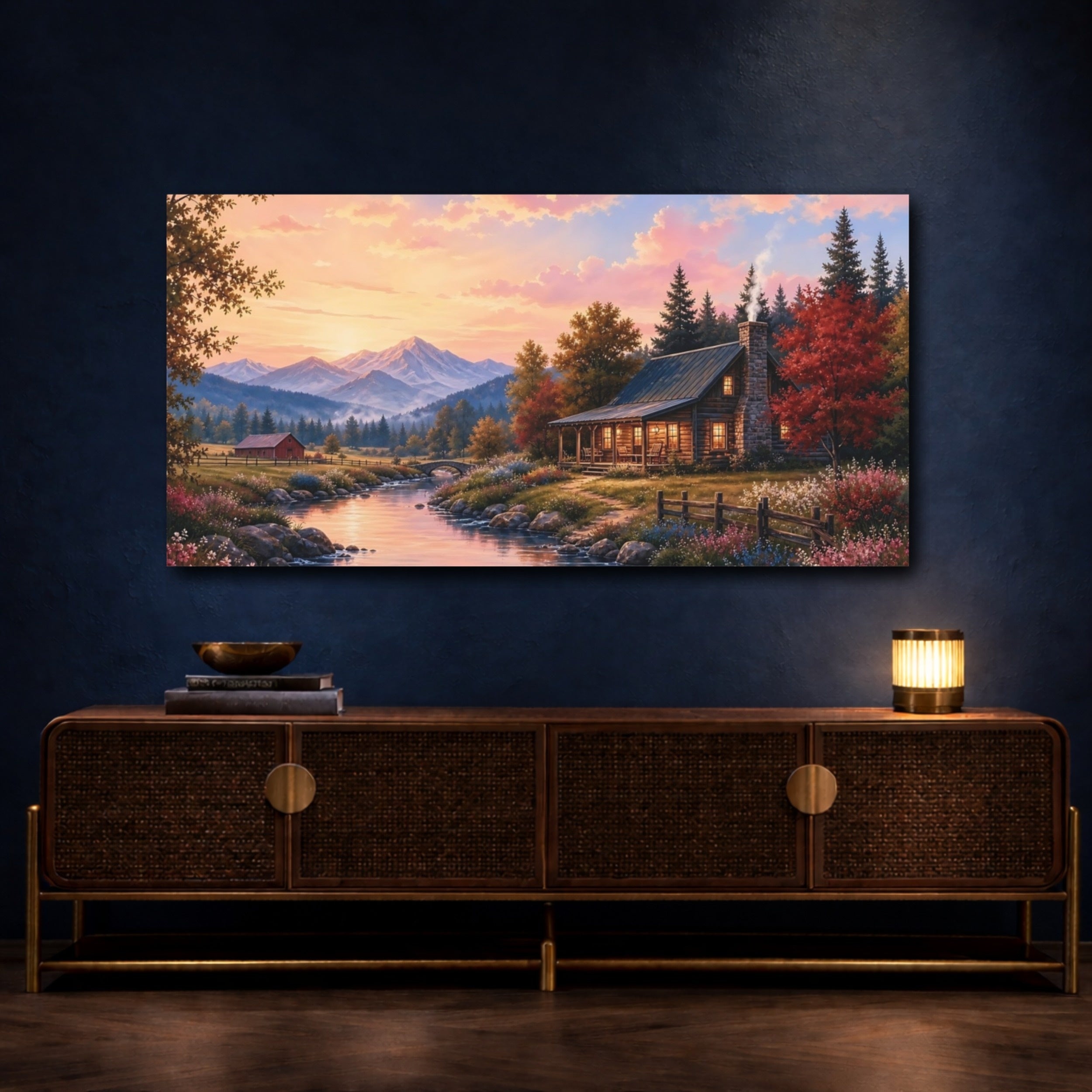 Mockup 4. Nature Mountain Cabin Sunset Landscape shown as stretched canvas wall art