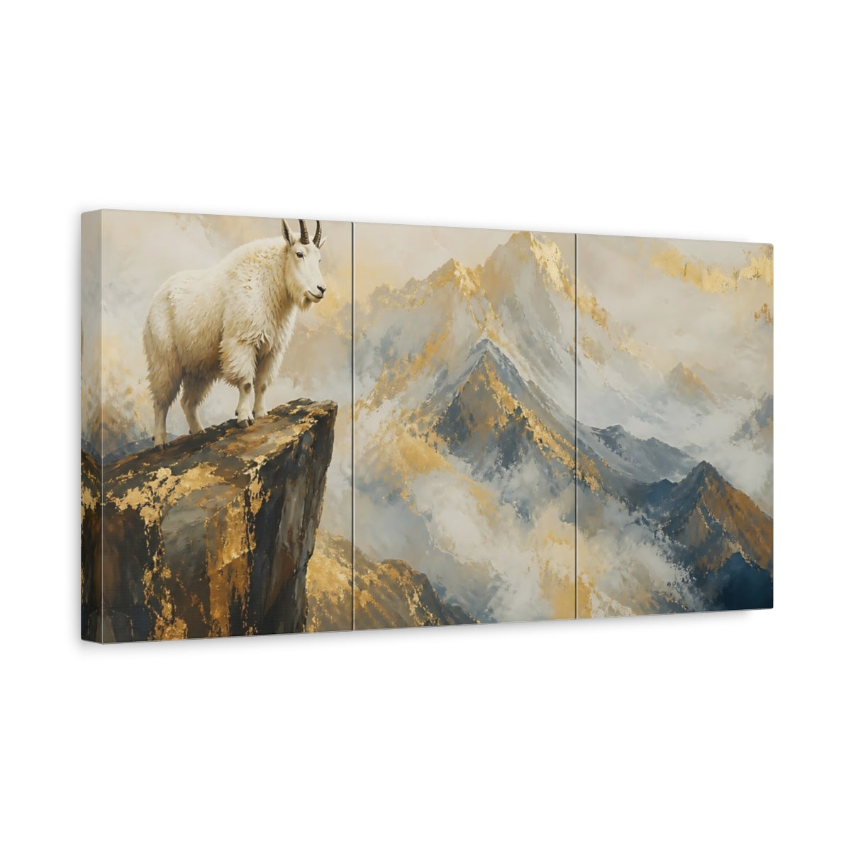 Side Mockup 3. Nature Mountain Goat Gold Mountain Goat shown as stretched canvas wall art