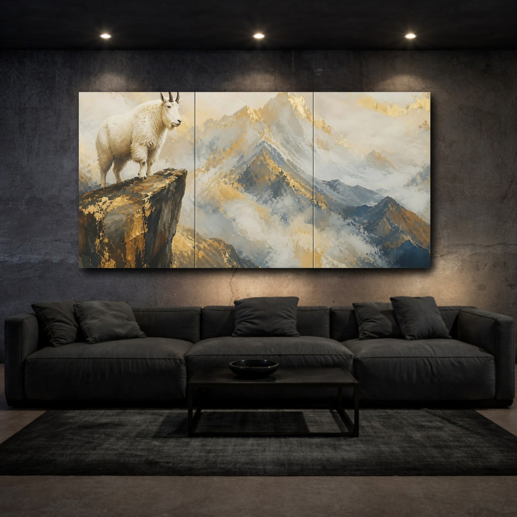 Mockup 3. Nature Mountain Goat Gold Mountain Goat shown as stretched canvas wall art