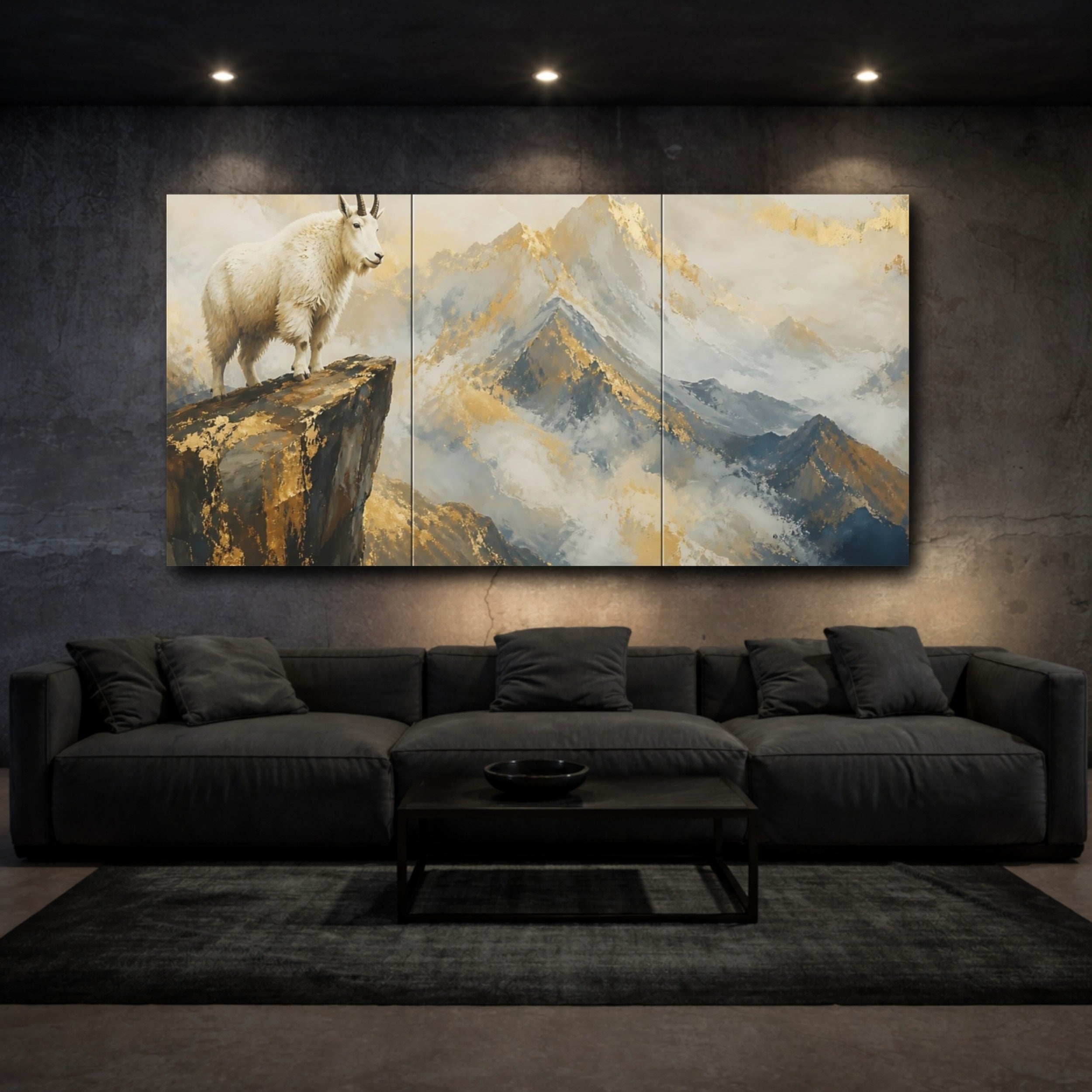 Mockup 3. Nature Mountain Goat Gold Mountain Goat shown as stretched canvas wall art