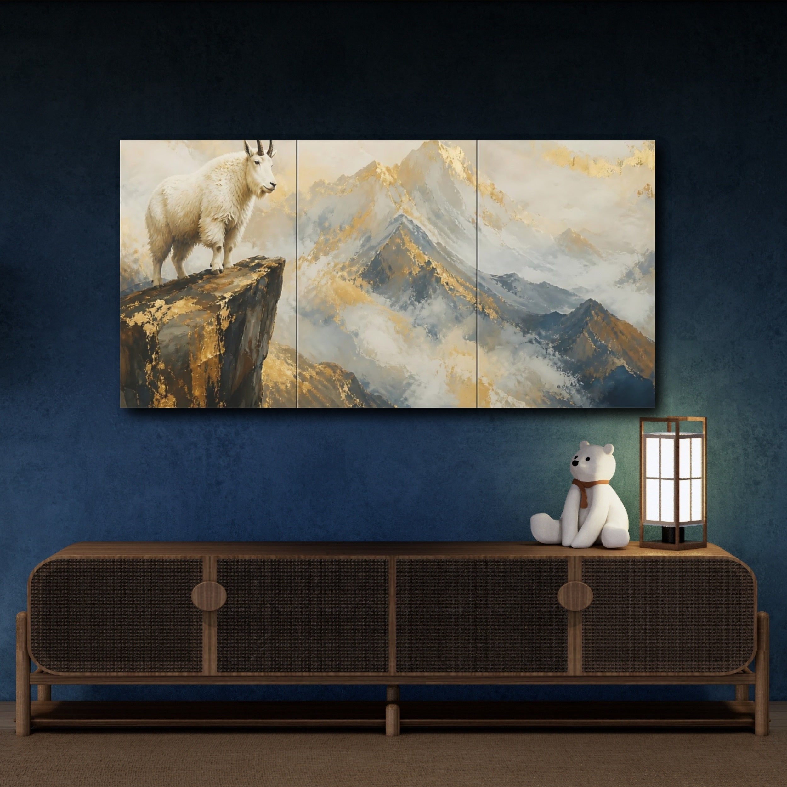 Mockup 4. Nature Mountain Goat Gold Mountain Goat shown as stretched canvas wall art