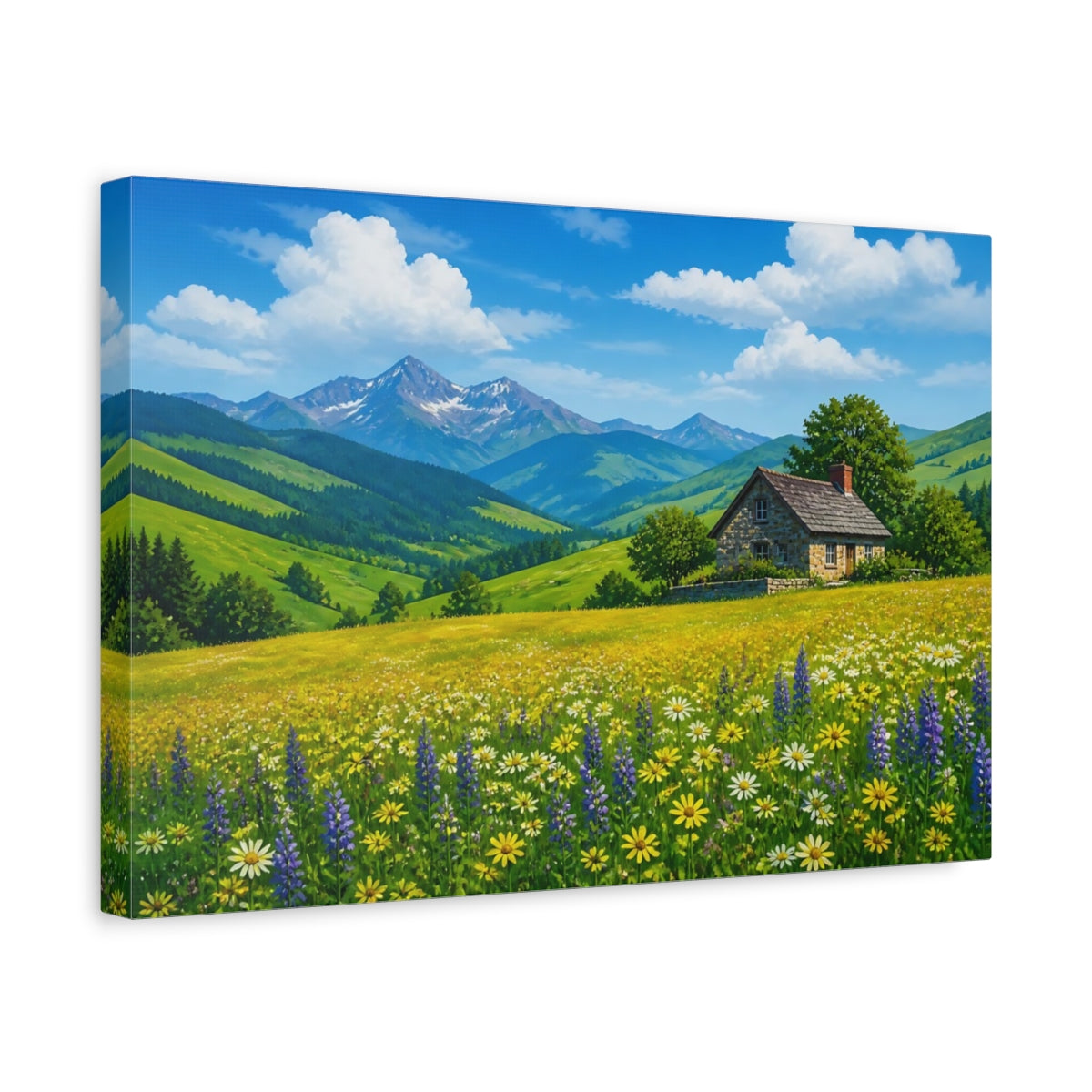 Side Mockup 4. Nature Mountain House Mountain House Meadow shown as stretched canvas wall art