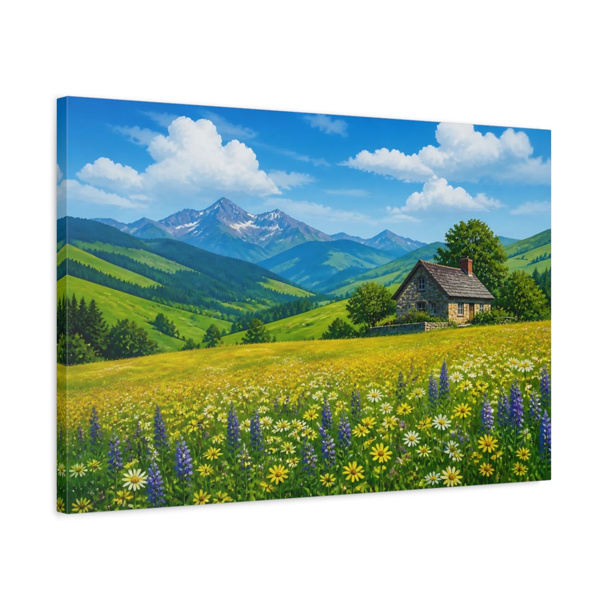 Side Mockup 2. Nature Mountain House Mountain House Meadow shown as stretched canvas wall art