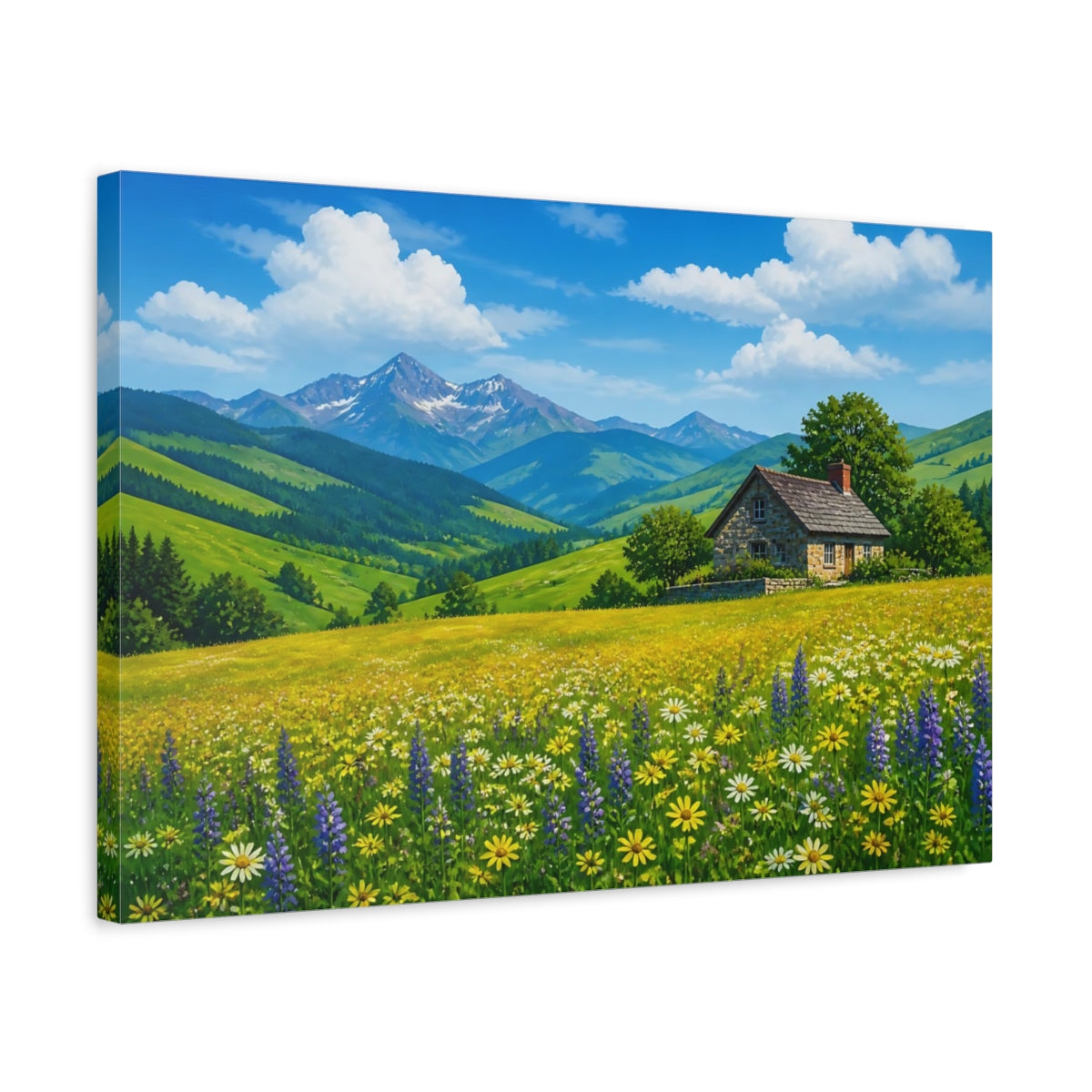 Side Mockup 3. Nature Mountain House Mountain House Meadow shown as stretched canvas wall art
