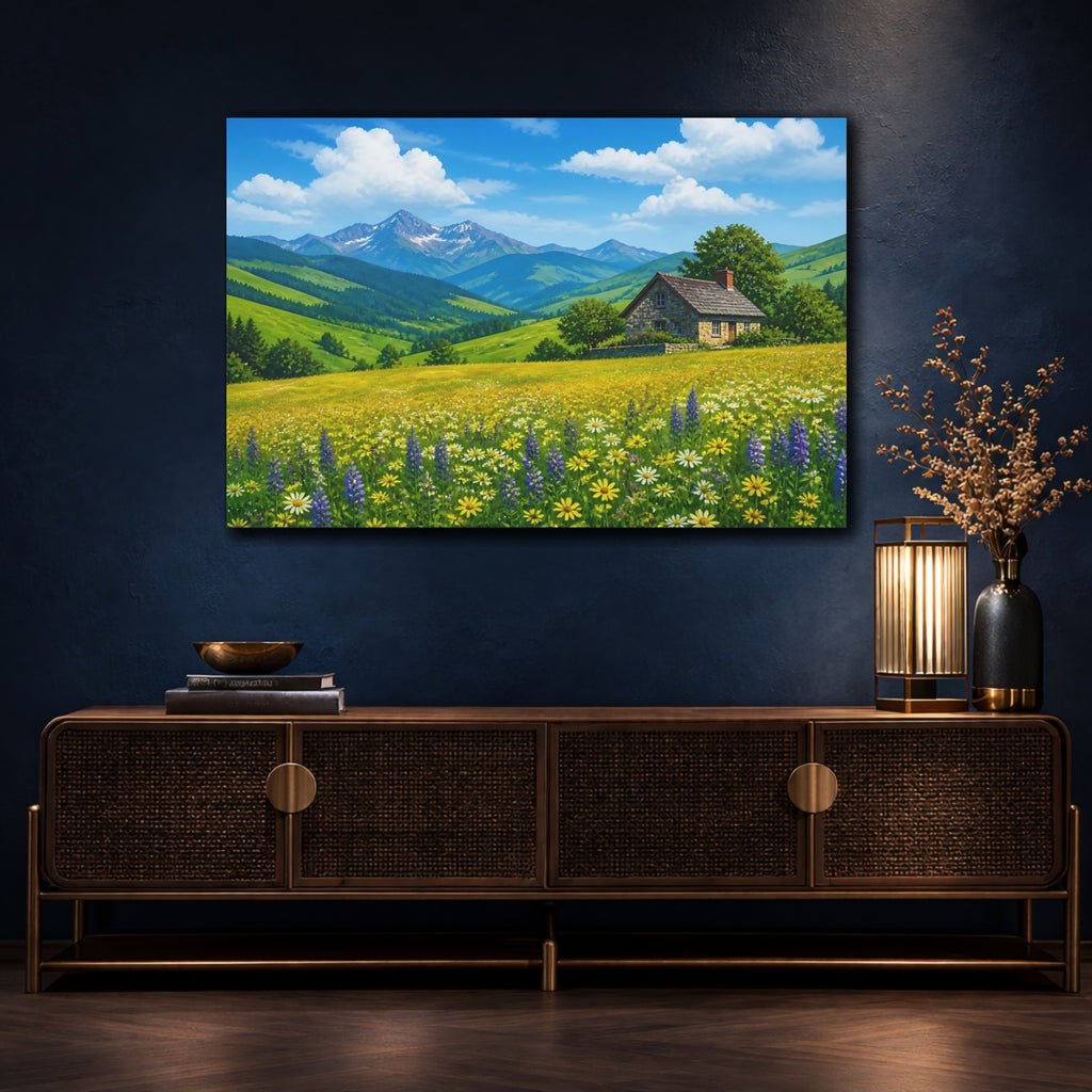 Mockup 4. Nature Mountain House Mountain House Meadow shown as stretched canvas wall art