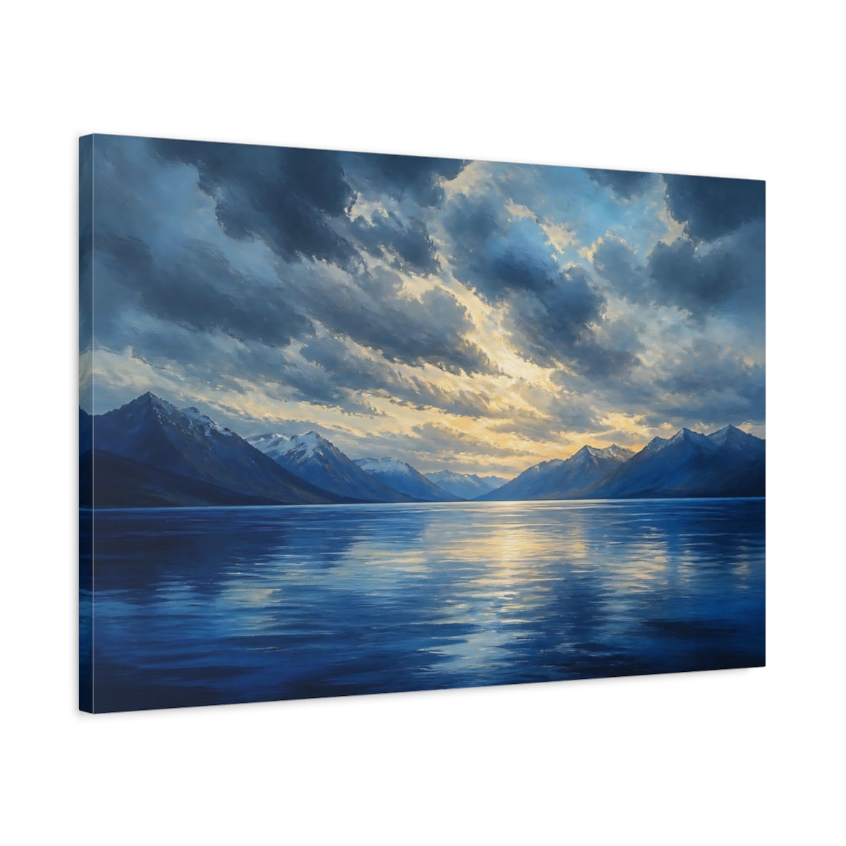 Side Mockup 2. Nature Mountain Lake Blue And Gold Landscape shown as canvas print