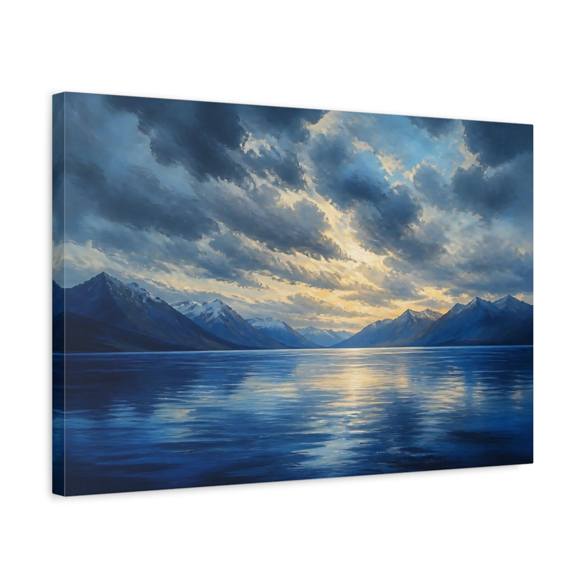 Side Mockup 3. Nature Mountain Lake Blue And Gold Landscape shown as canvas print