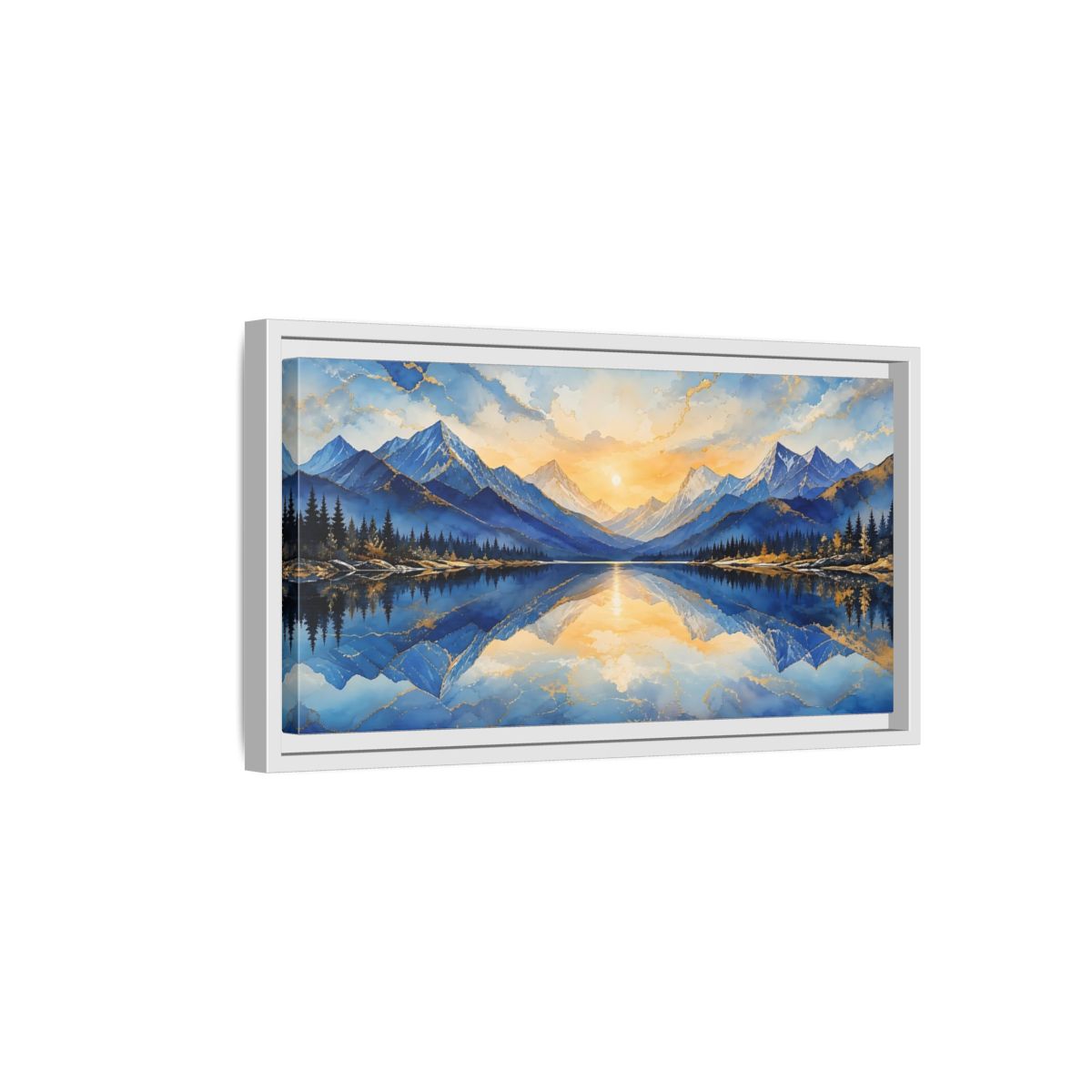 Side Mockup 6. Nature Mountain Lake Blue And Gold Mountain shown as stretched canvas wall art