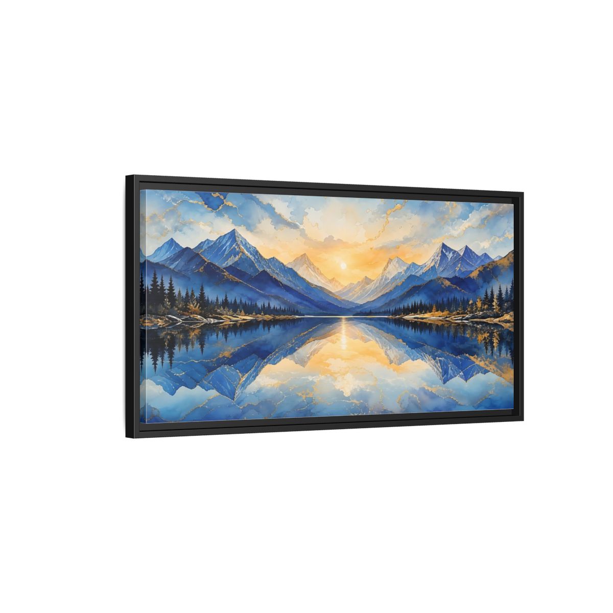 Side Mockup 2. Nature Mountain Lake Blue And Gold Mountain shown as stretched canvas wall art