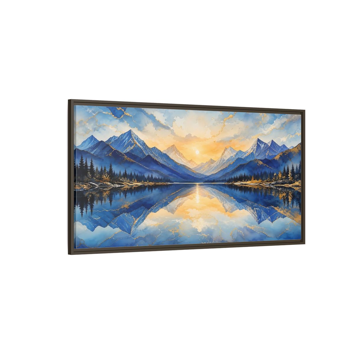 Side Mockup 4. Nature Mountain Lake Blue And Gold Mountain shown as stretched canvas wall art