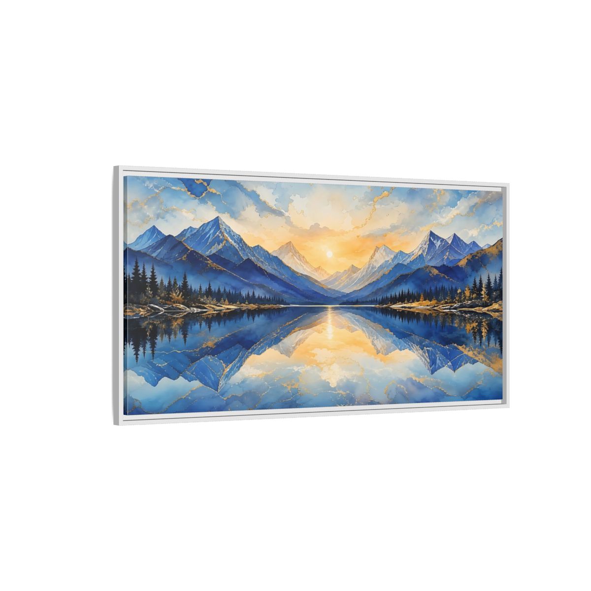 Side Mockup 3. Nature Mountain Lake Blue And Gold Mountain shown as stretched canvas wall art