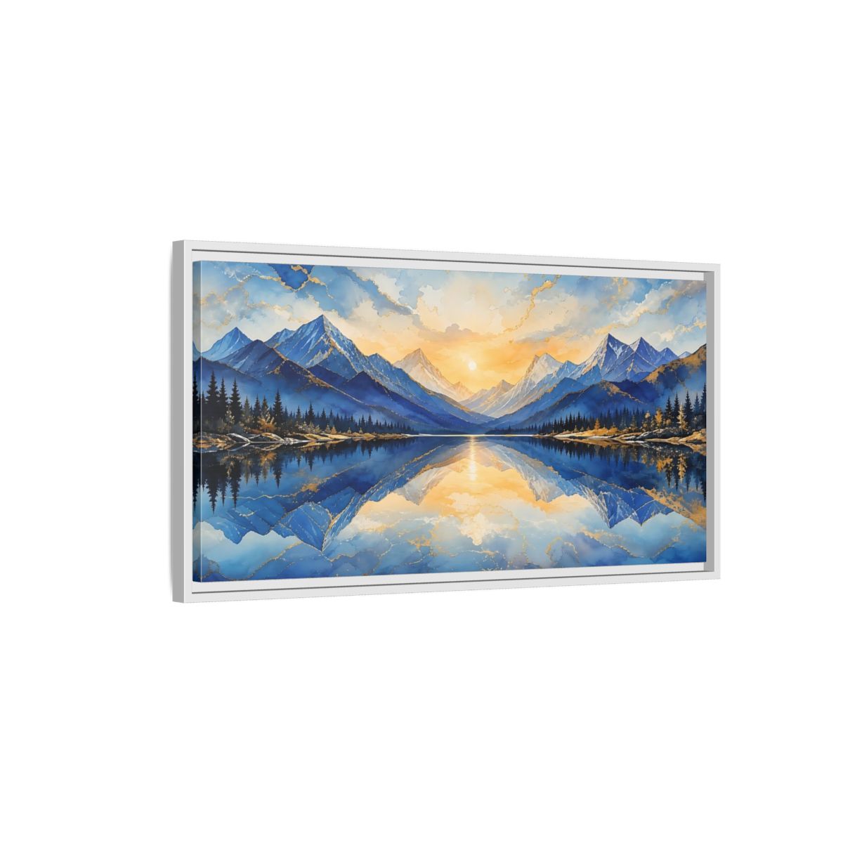 Side Mockup 1. Nature Mountain Lake Blue And Gold Mountain shown as stretched canvas wall art