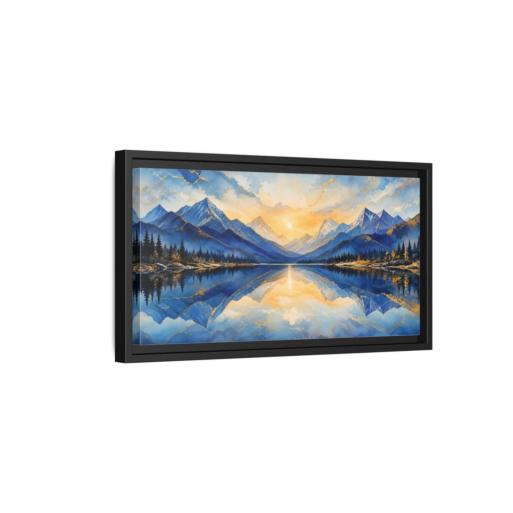 Side Mockup 8. Nature Mountain Lake Blue And Gold Mountain shown as stretched canvas wall art