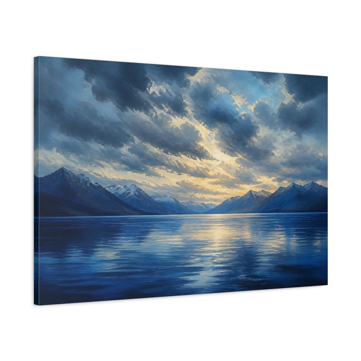 Main Mockup. Nature Mountain Lake Blue And Gold Landscape shown as canvas print