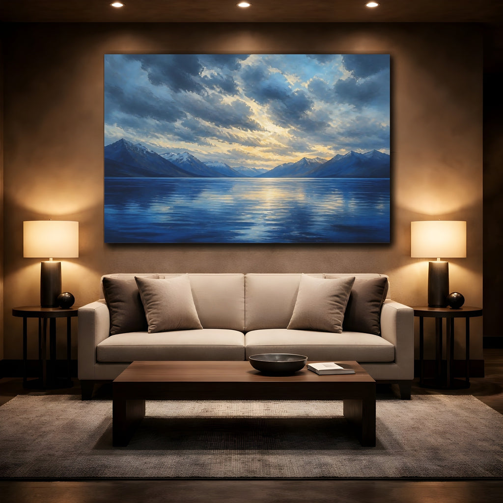 Mockup 2. Nature Mountain Lake Blue And Gold Landscape shown as canvas print