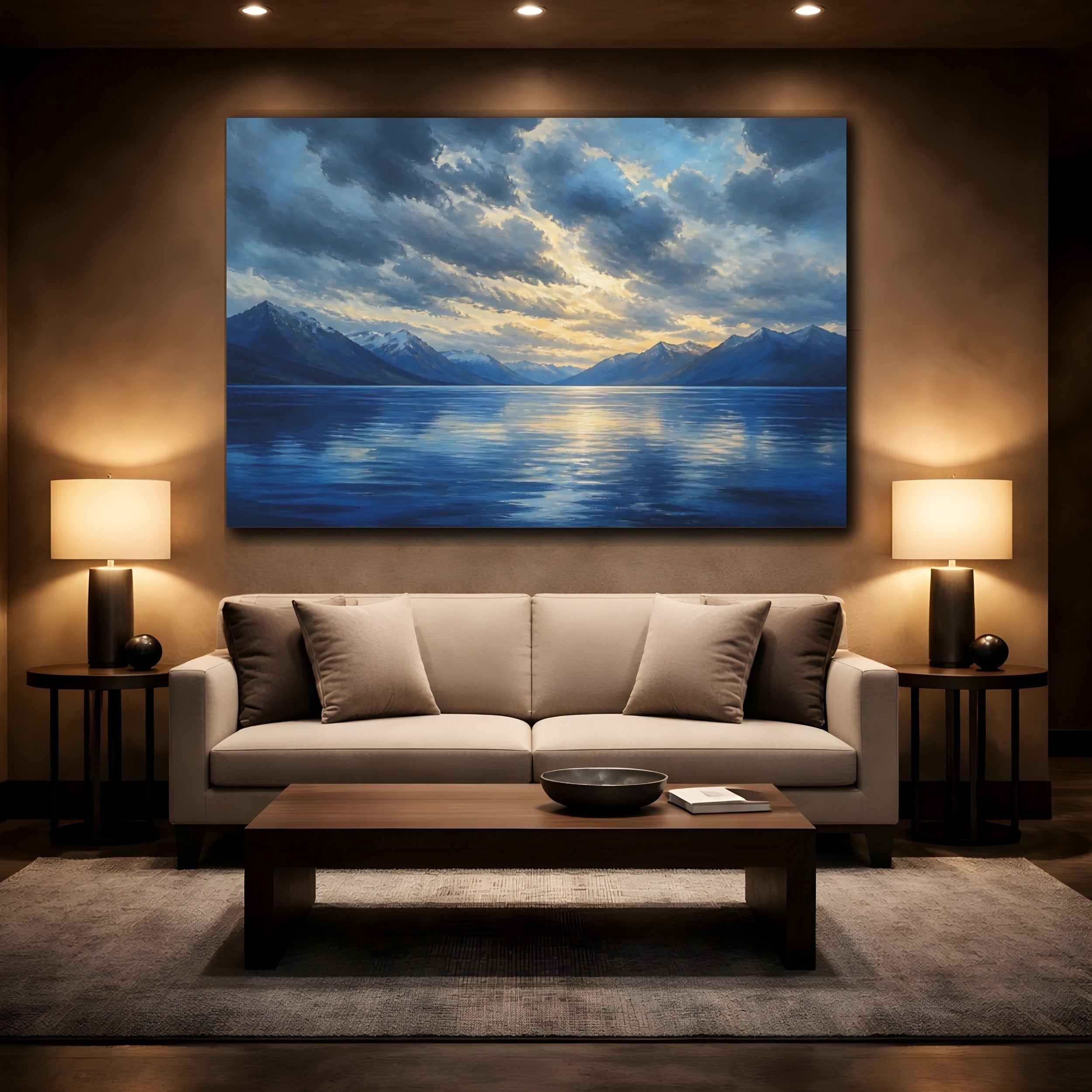 Mockup 2. Nature Mountain Lake Blue And Gold Landscape shown as canvas print