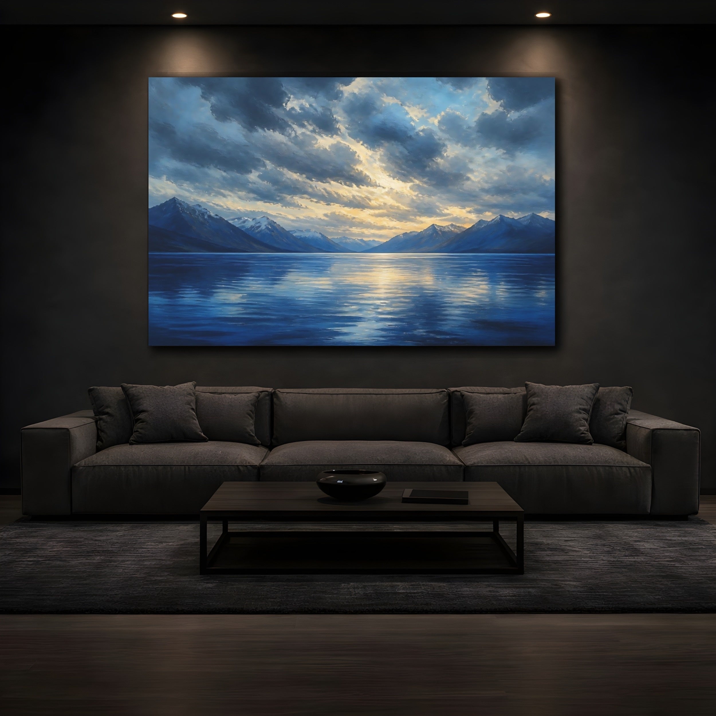 Mockup 3. Nature Mountain Lake Blue And Gold Landscape shown as canvas print