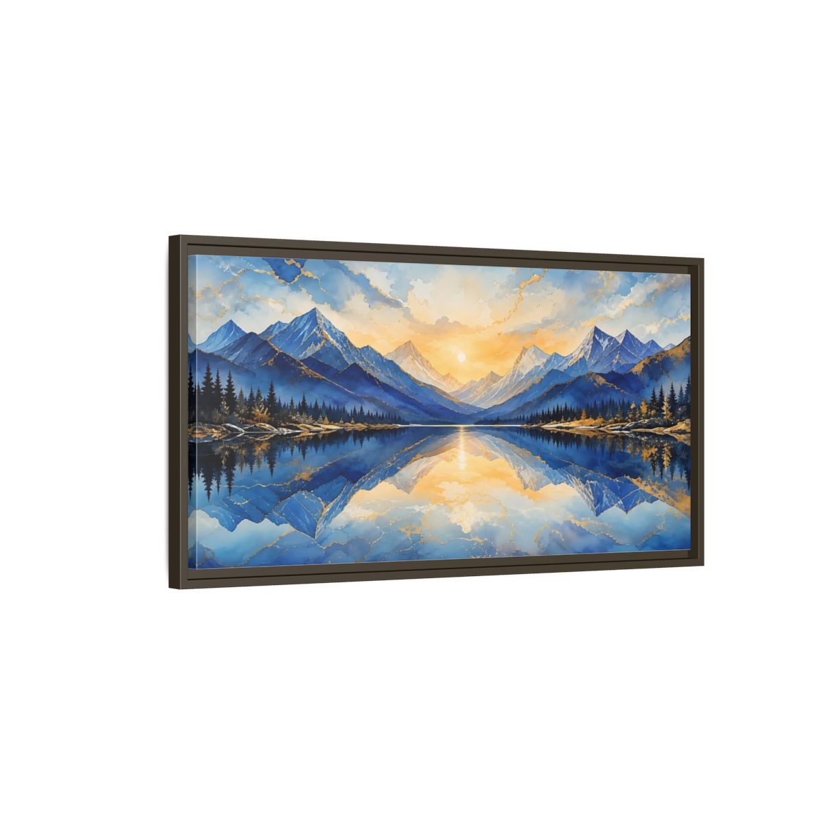 Main Mockup. Nature Mountain Lake Blue And Gold Mountain shown as stretched canvas wall art