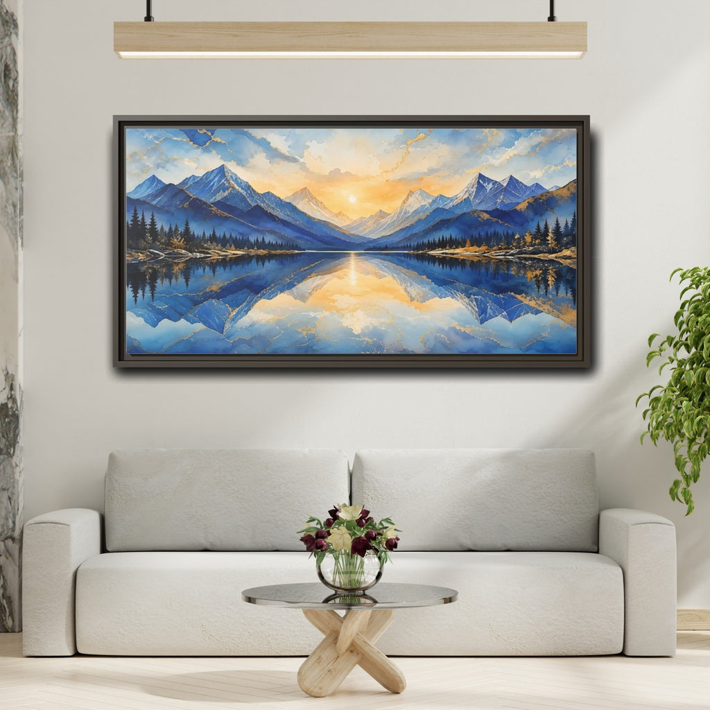 Mockup 2. Nature Mountain Lake Blue And Gold Mountain shown as stretched canvas wall art