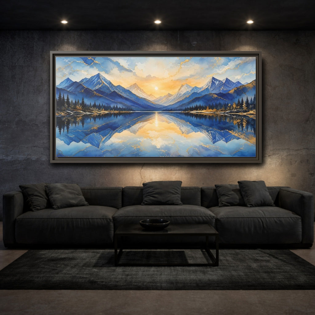 Mockup 3. Nature Mountain Lake Blue And Gold Mountain shown as stretched canvas wall art