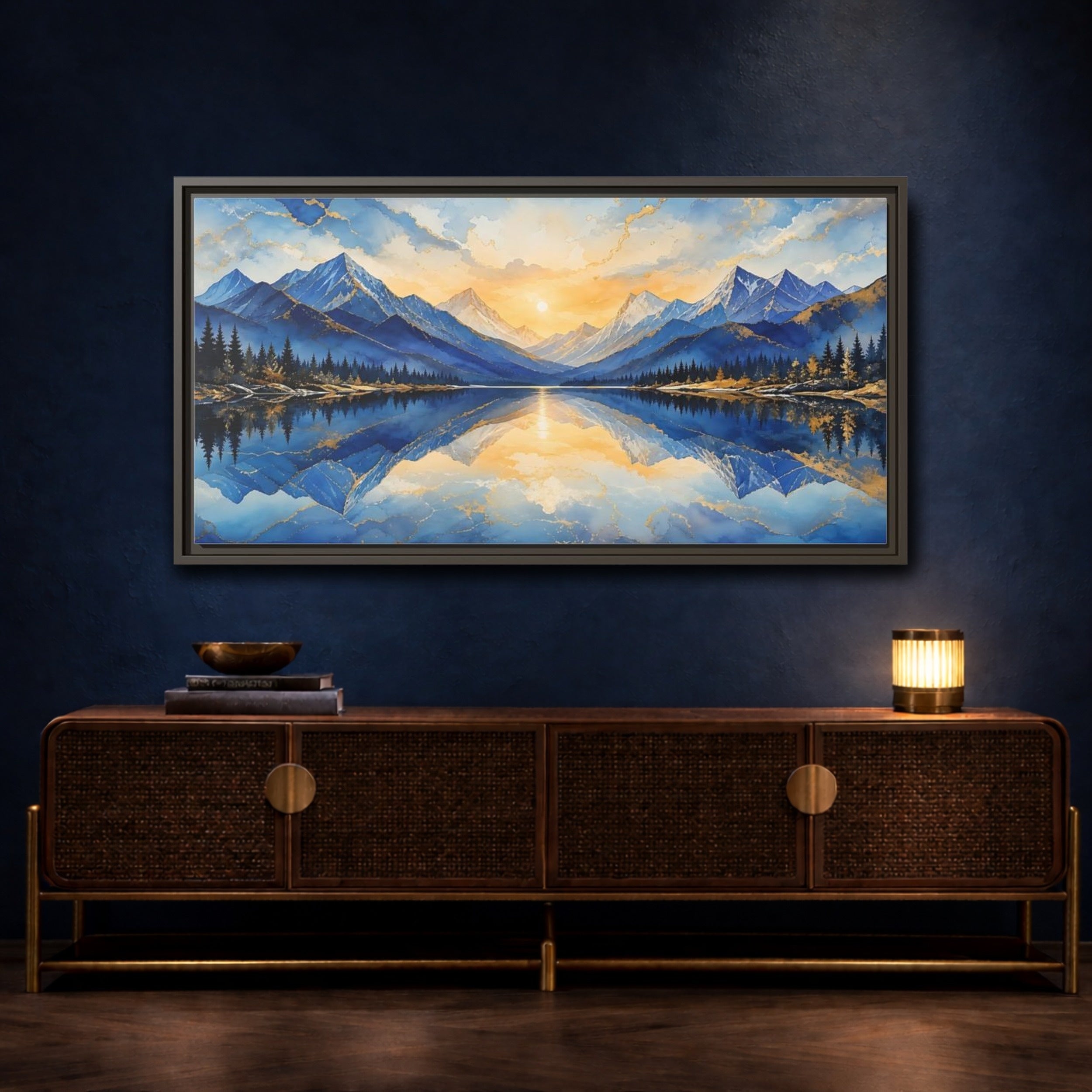 Mockup 4. Nature Mountain Lake Blue And Gold Mountain shown as stretched canvas wall art