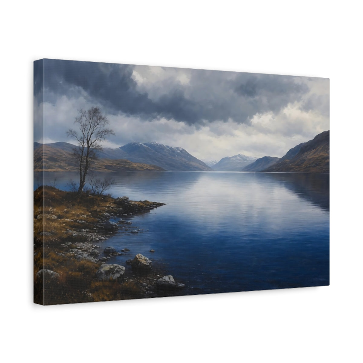 Side Mockup 4. Nature Mountain Lake Blue And Gray Landscape shown as canvas print
