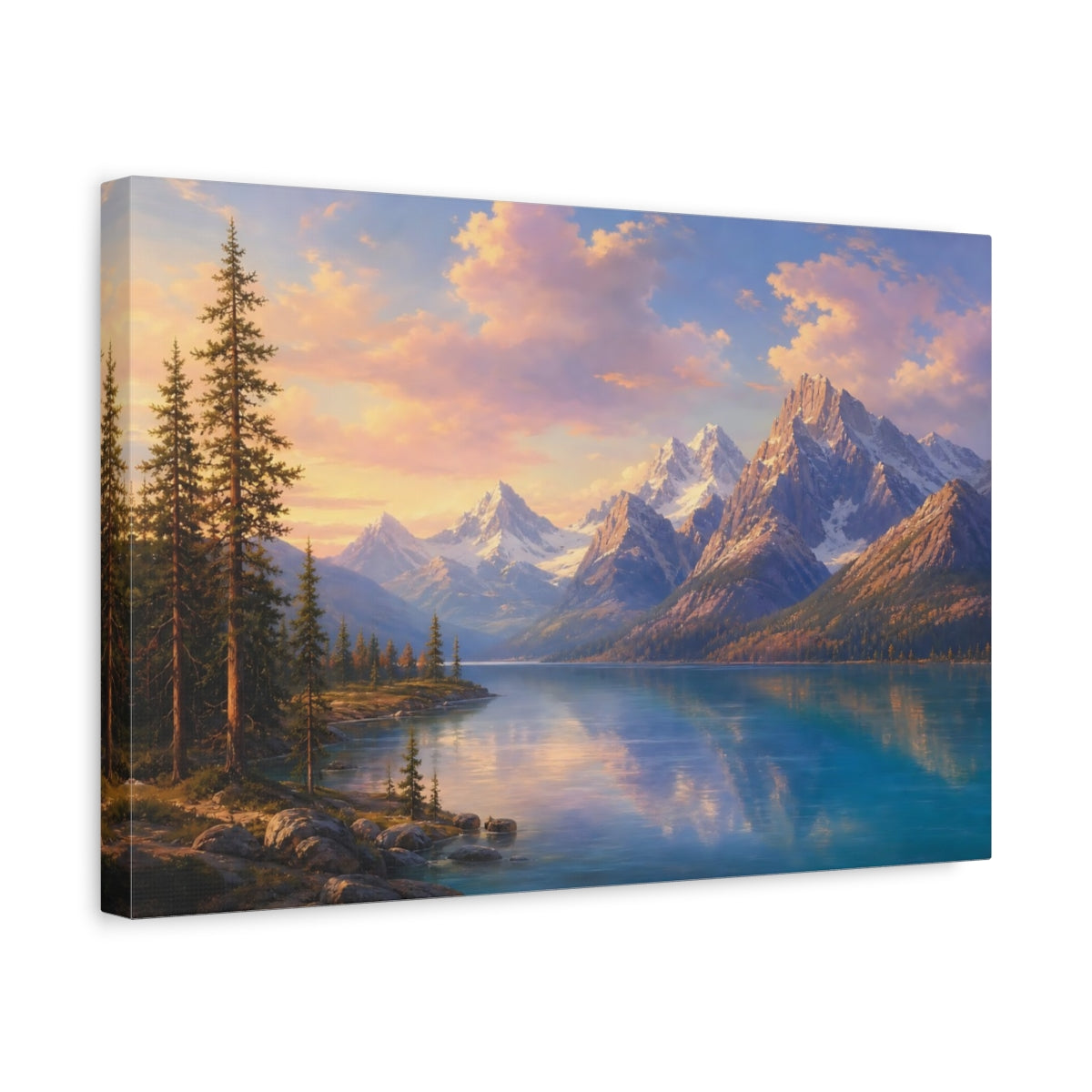 Side Mockup 4. Nature Mountain Lake Blue And Orange Landscape shown as canvas print