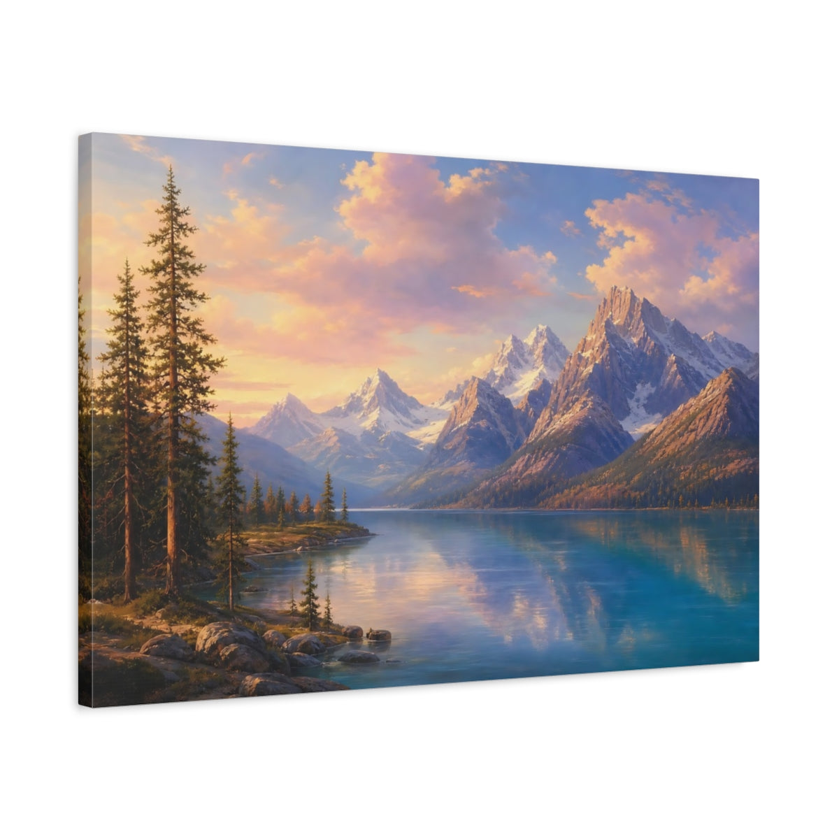 Side Mockup 2. Nature Mountain Lake Blue And Orange Landscape shown as canvas print