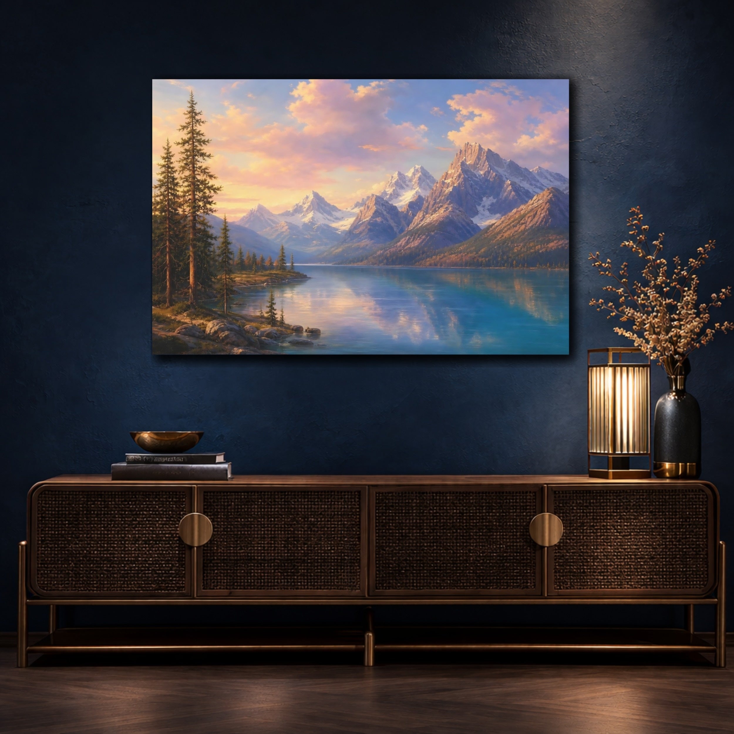 Mockup 4. Nature Mountain Lake Blue And Orange Landscape shown as canvas print