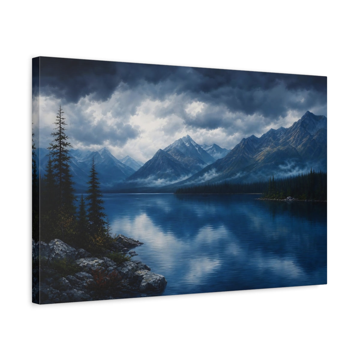 Side Mockup 3. Nature Mountain Lake Blue Lake Mountain shown as stretched canvas wall art