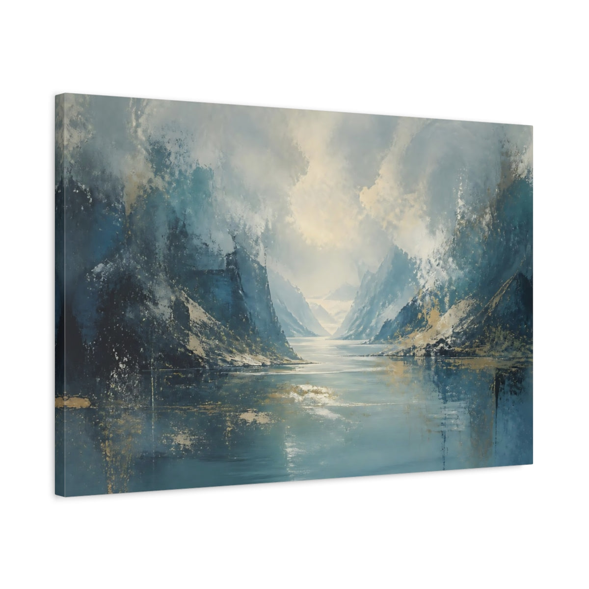 Side Mockup 2. Nature Mountain Lake Blue Gold Landscape shown as stretched canvas wall art