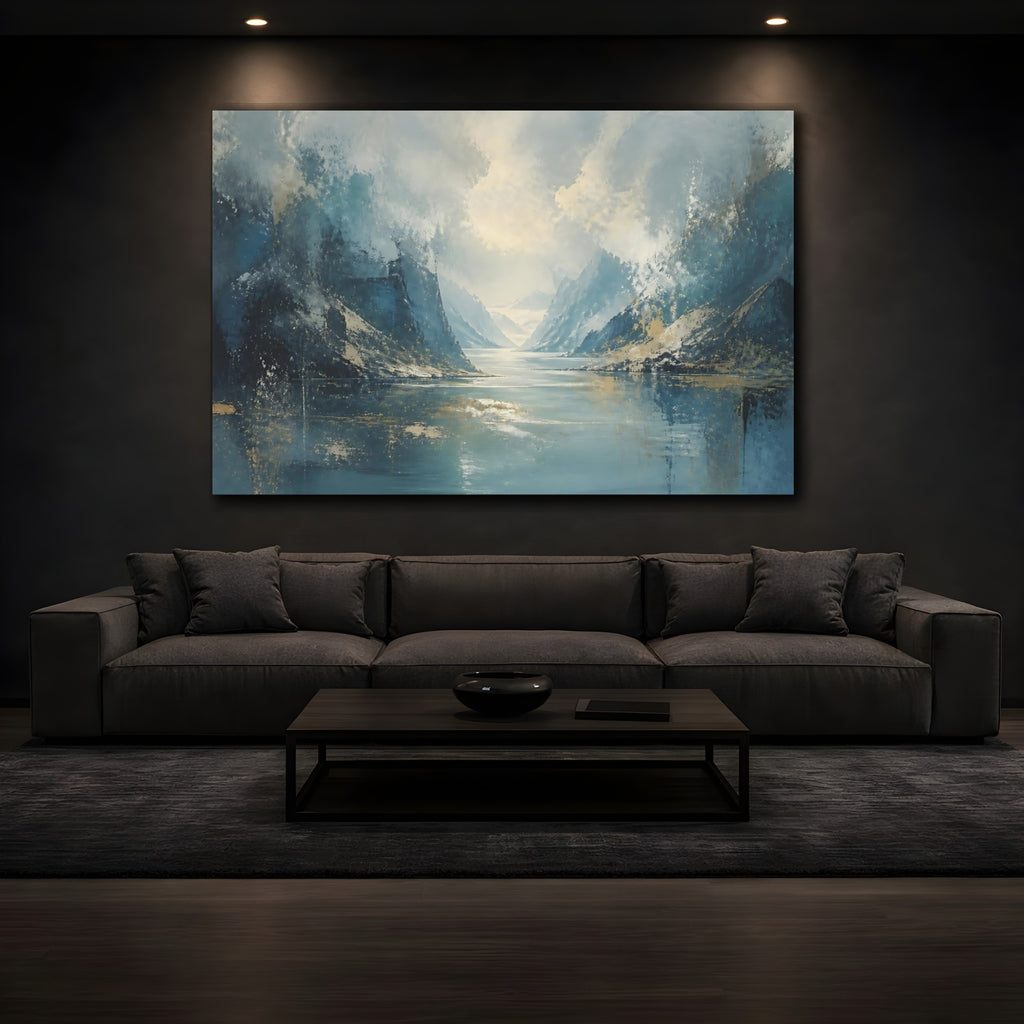 Mockup 3. Nature Mountain Lake Blue Gold Landscape shown as stretched canvas wall art