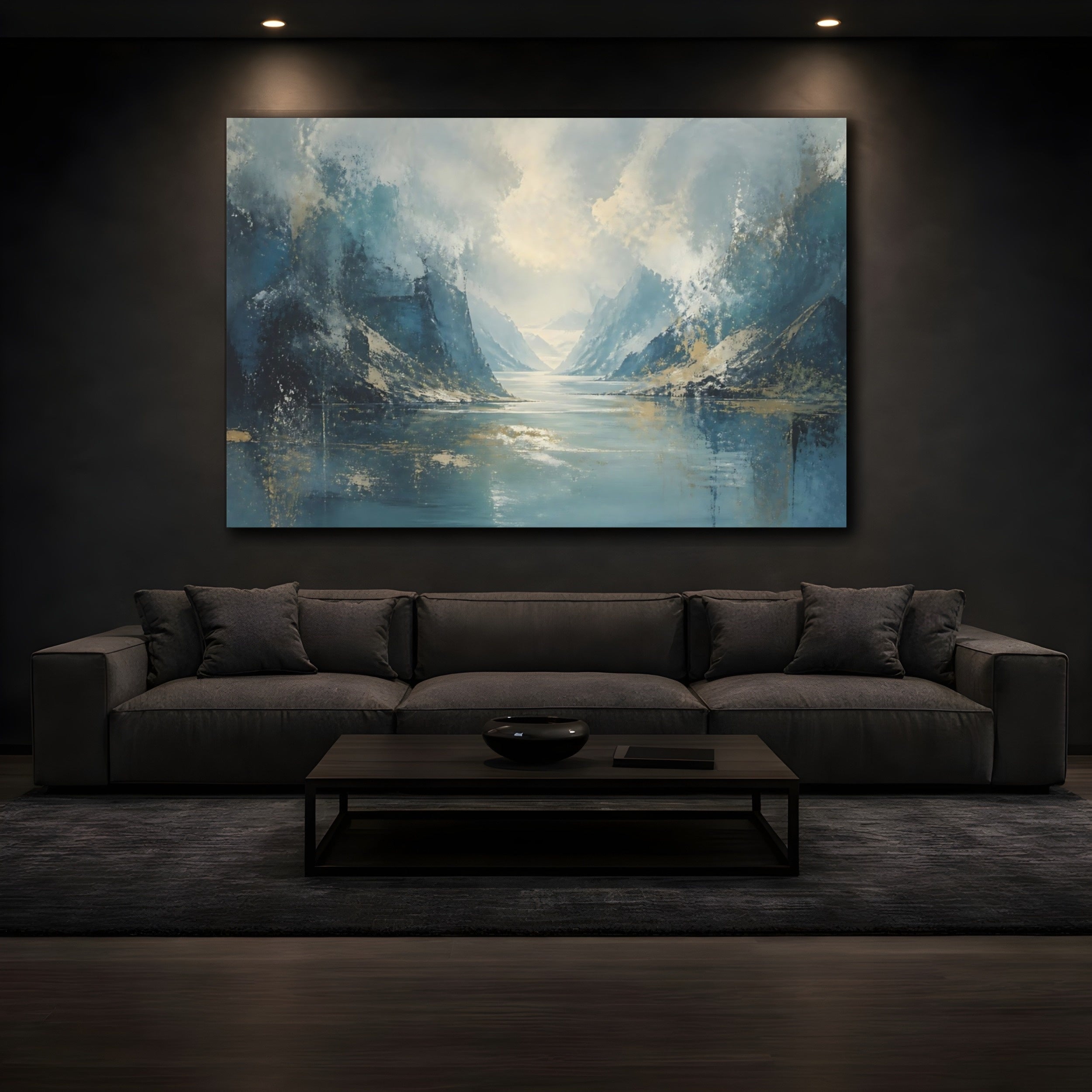 Mockup 3. Nature Mountain Lake Blue Gold Landscape shown as stretched canvas wall art
