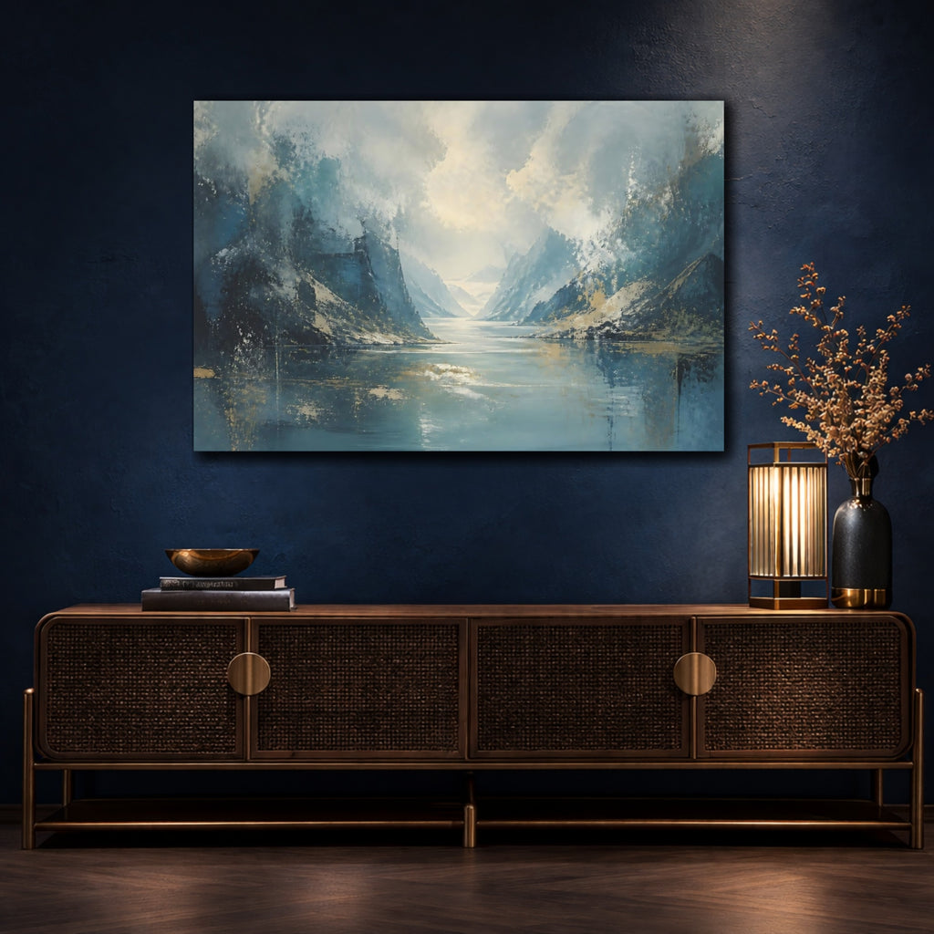 Mockup 4. Nature Mountain Lake Blue Gold Landscape shown as stretched canvas wall art