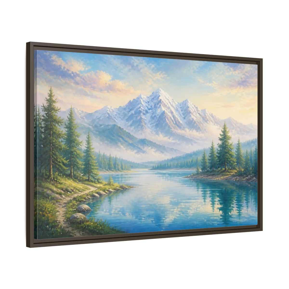 Main Mockup. Nature Mountain Lake Blue Green Landscape shown as stretched canvas wall art