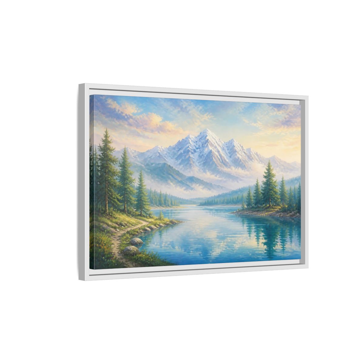 Side Mockup 1. Nature Mountain Lake Blue Green Landscape shown as stretched canvas wall art