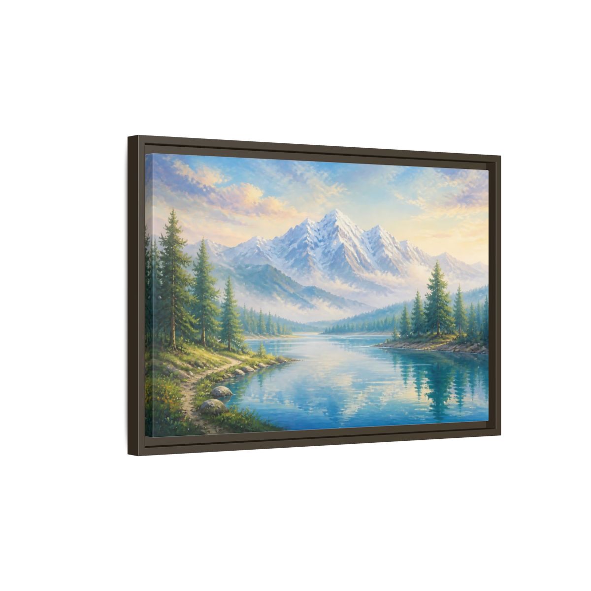 Side Mockup 2. Nature Mountain Lake Blue Green Landscape shown as stretched canvas wall art