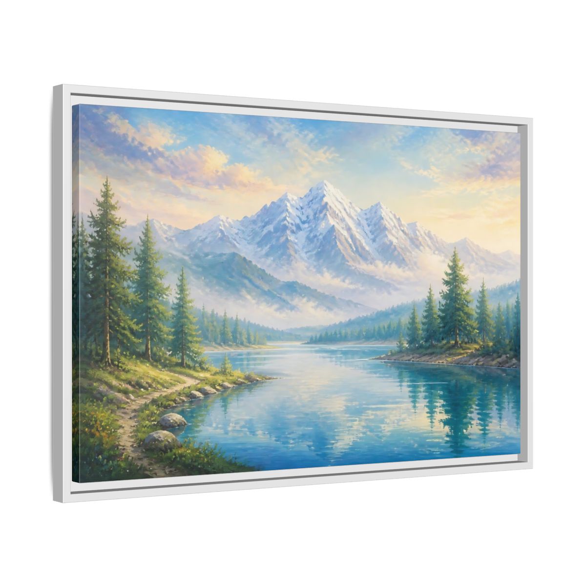 Side Mockup 10. Nature Mountain Lake Blue Green Landscape shown as stretched canvas wall art