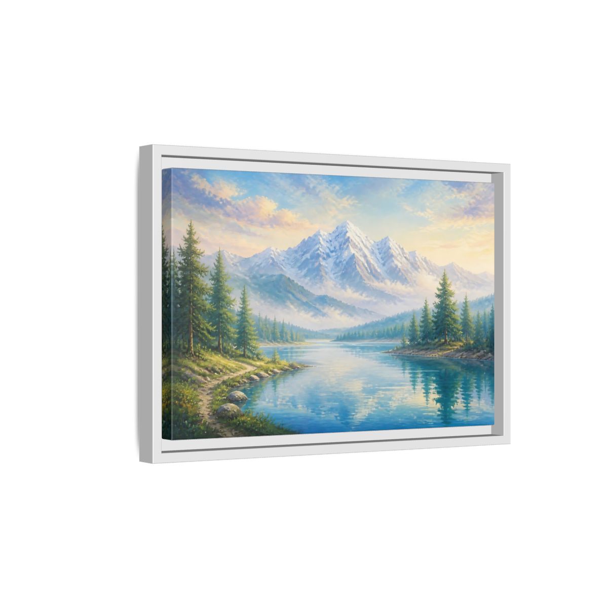 Side Mockup 4. Nature Mountain Lake Blue Green Landscape shown as stretched canvas wall art