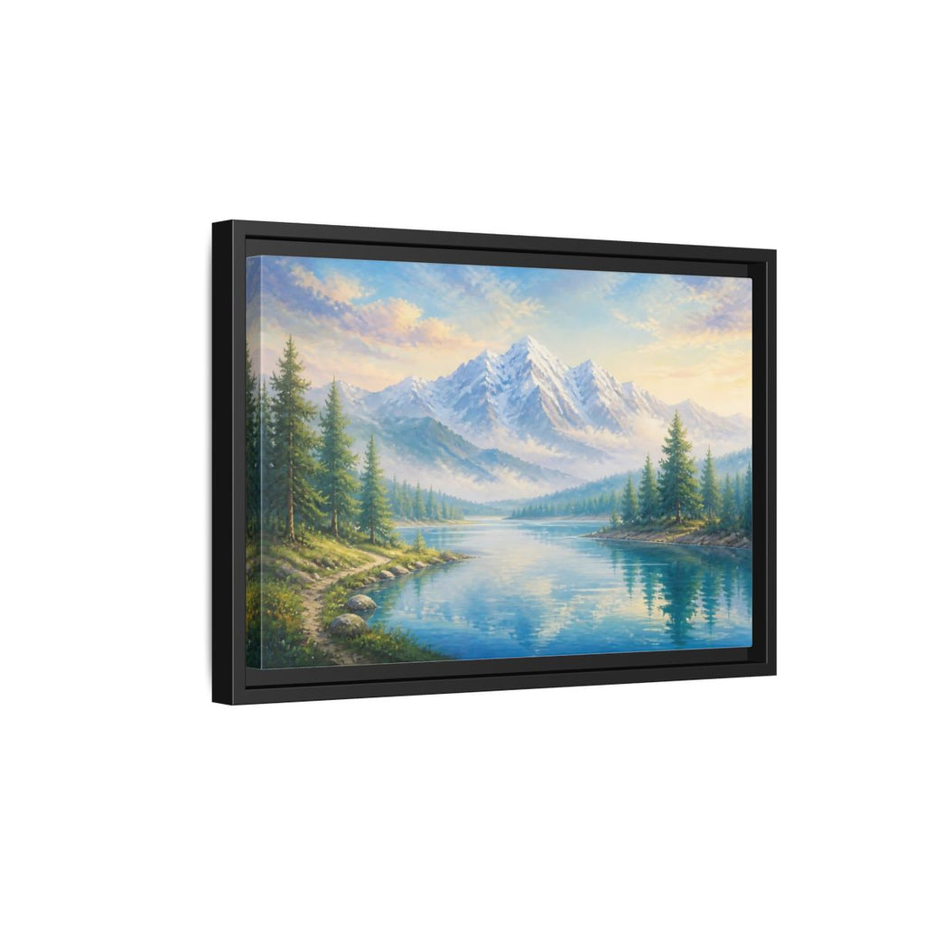 Side Mockup 6. Nature Mountain Lake Blue Green Landscape shown as stretched canvas wall art