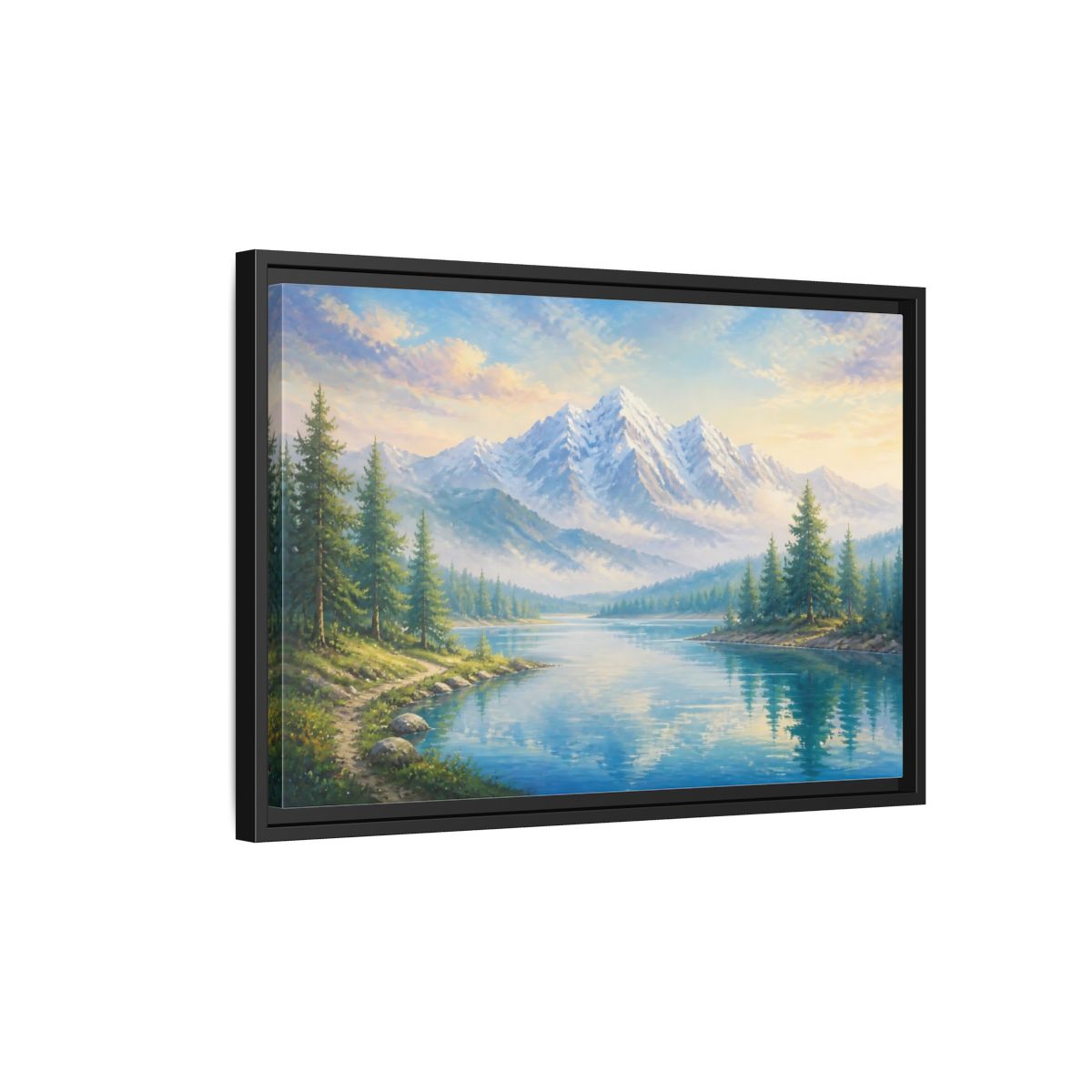 Side Mockup 3. Nature Mountain Lake Blue Green Landscape shown as stretched canvas wall art