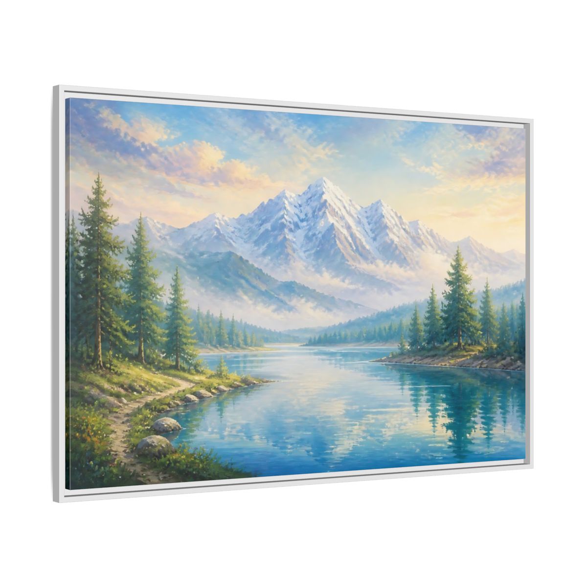 Side Mockup 7. Nature Mountain Lake Blue Green Landscape shown as stretched canvas wall art