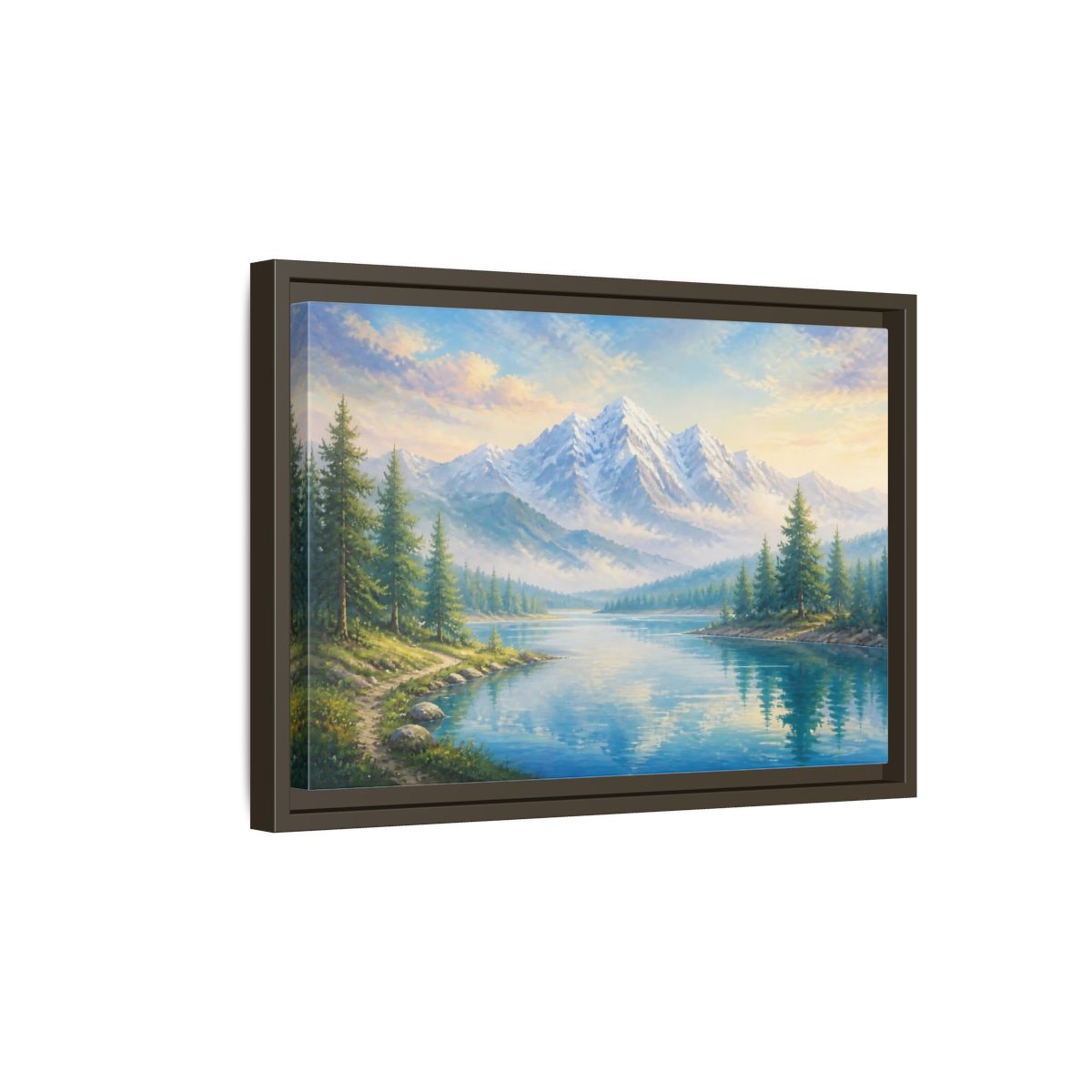 Side Mockup 5. Nature Mountain Lake Blue Green Landscape shown as stretched canvas wall art