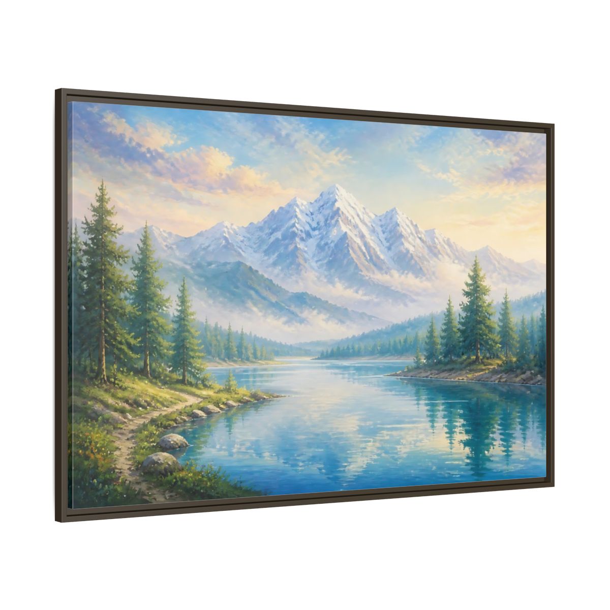 Side Mockup 8. Nature Mountain Lake Blue Green Landscape shown as stretched canvas wall art